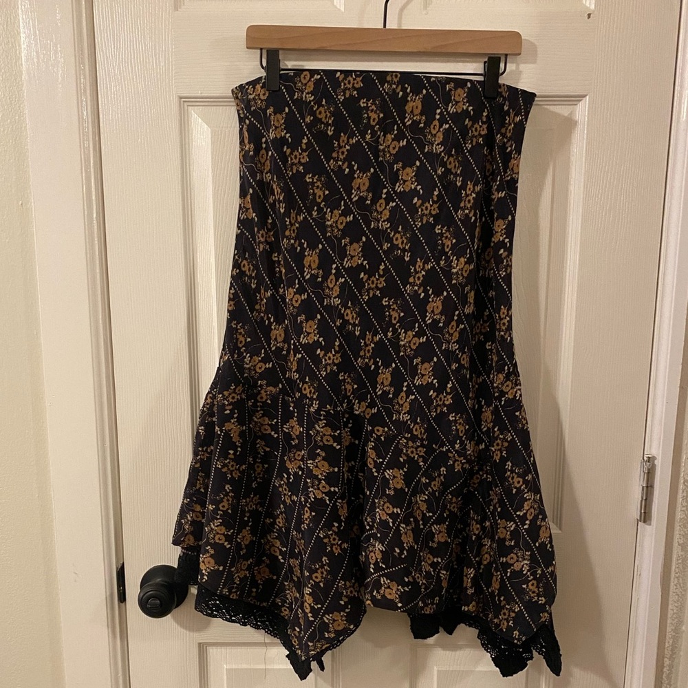 Free People Black and Brown Floral Midi Skirt